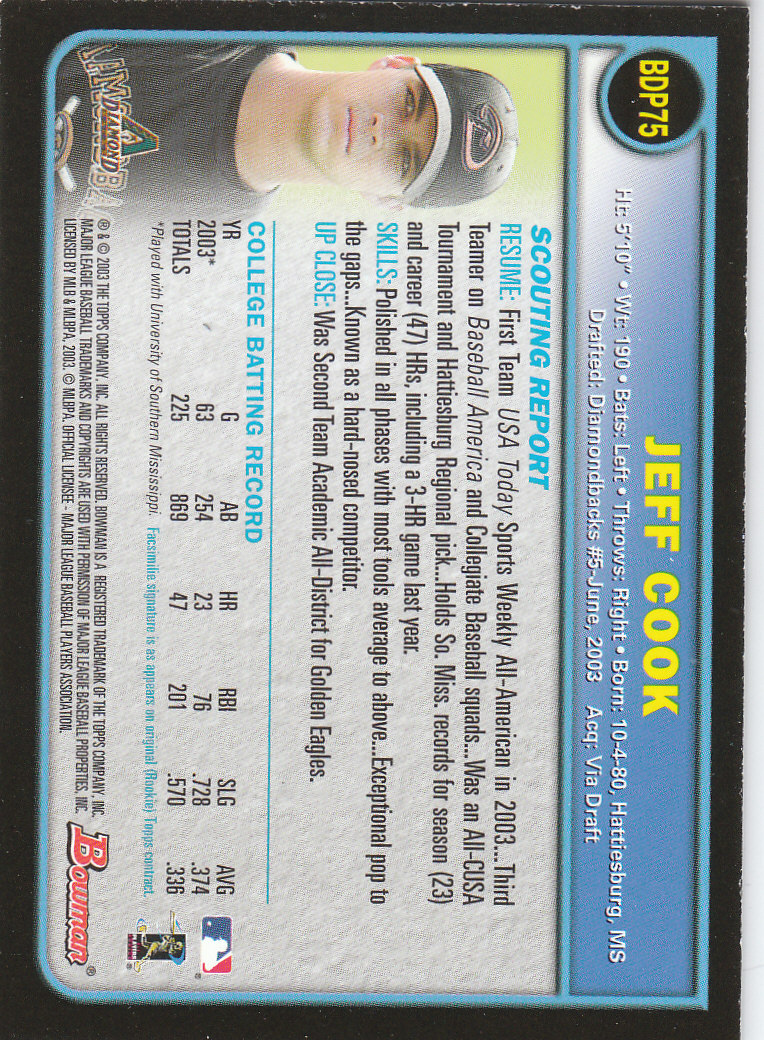 2003 Bowman Draft Gold #75 Jeff Cook back image