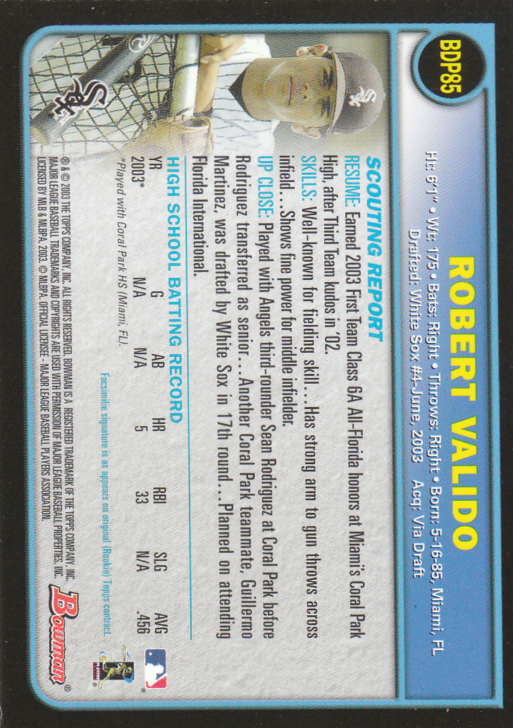 2003 Bowman Draft Gold #85 Robert Valido back image