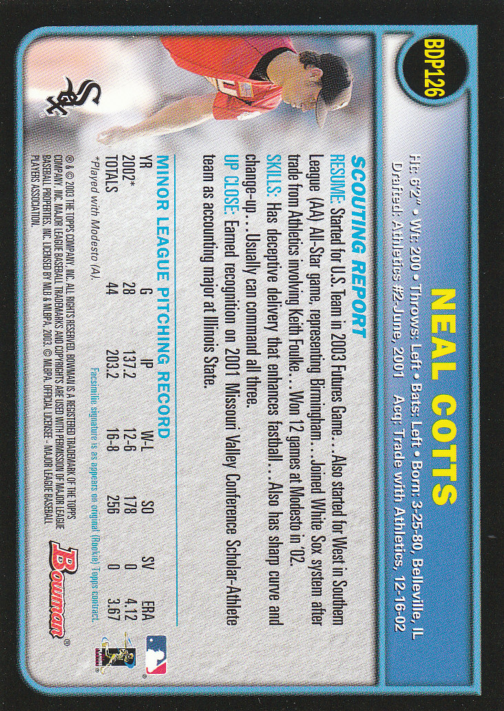 2003 Bowman Draft Gold #126 Neal Cotts back image