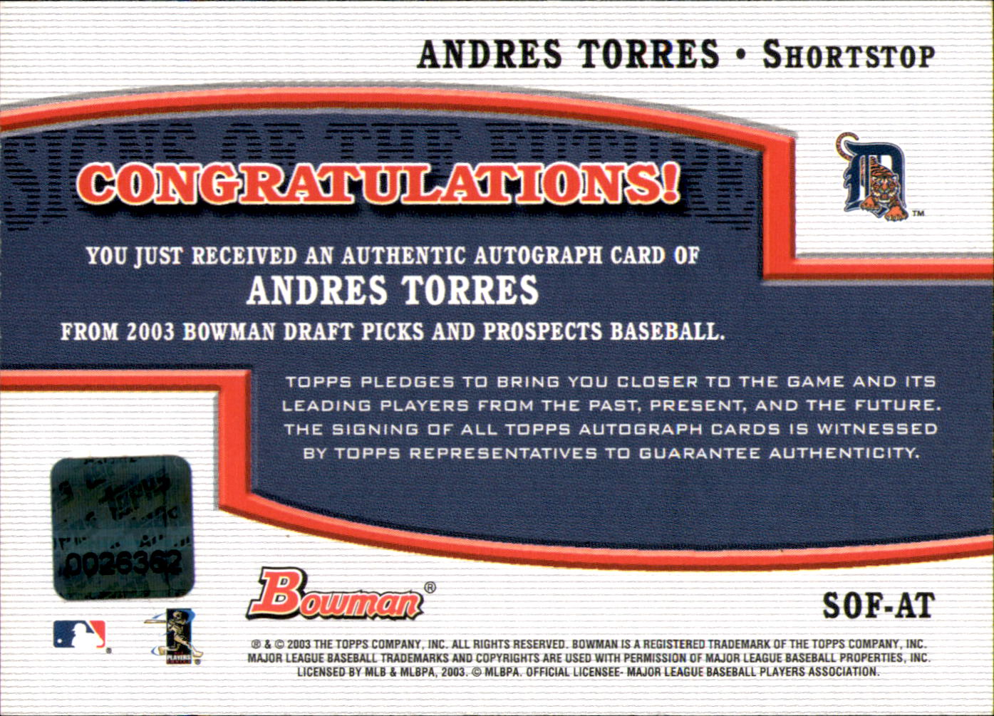 2003 Bowman Draft Signs of the Future #AT Andres Torres A back image