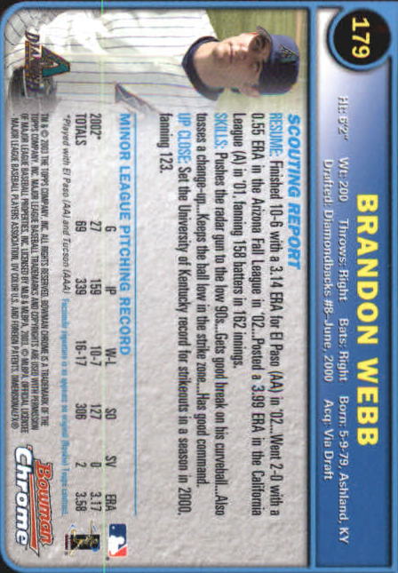 2003 Bowman Chrome #179 Brandon Webb RC back image