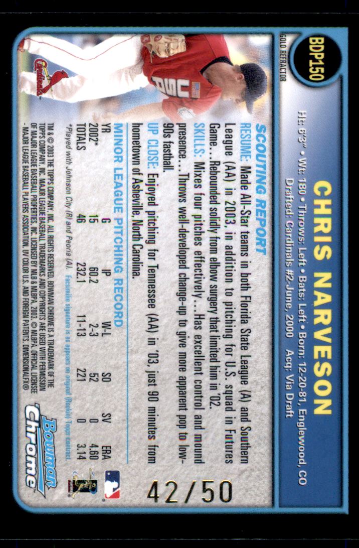 2003 Bowman Chrome Draft Gold Refractors #150 Chris Narveson back image