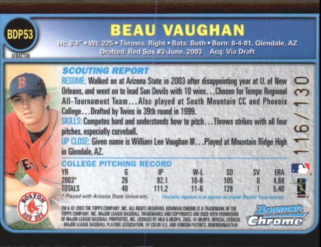 2003 Bowman Chrome Draft X-Fractors #53 Beau Vaughan back image