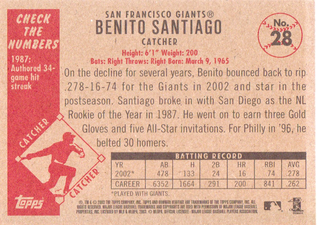2003 Bowman Heritage #28 Benito Santiago back image