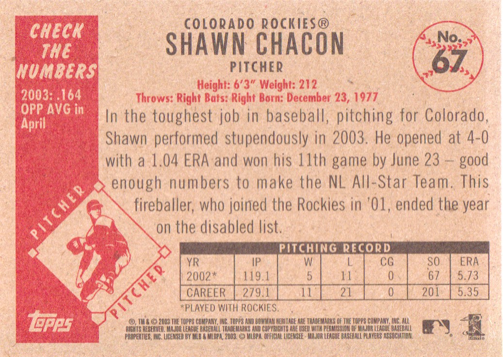 2003 Bowman Heritage #67 Shawn Chacon back image