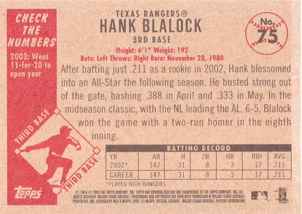 2003 Bowman Heritage #75 Hank Blalock back image