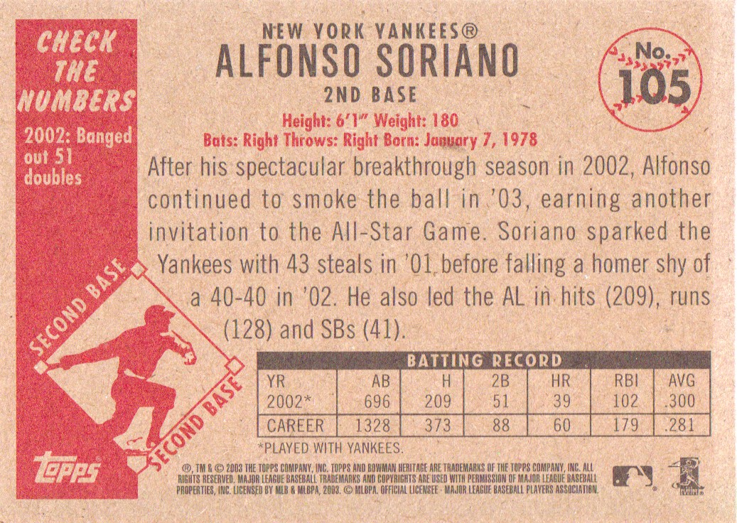 2003 Bowman Heritage #105 Alfonso Soriano back image