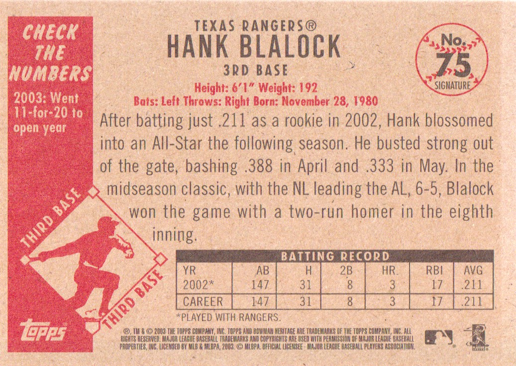 2003 Bowman Heritage Facsimile Signature #75 Hank Blalock back image