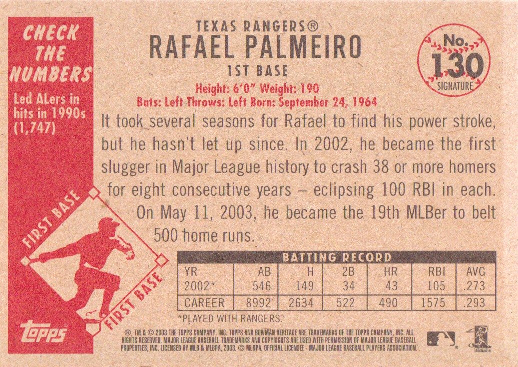 2003 Bowman Heritage Facsimile Signature #130 Rafael Palmeiro back image