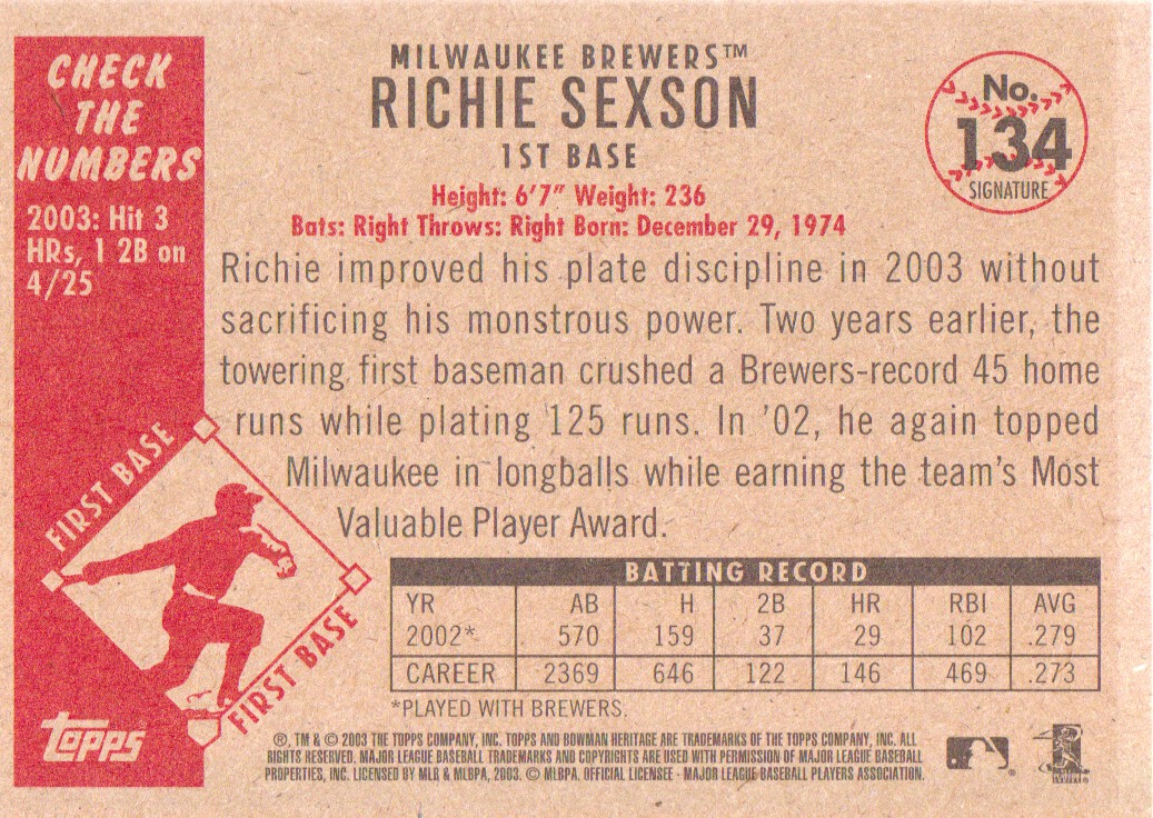 2003 Bowman Heritage Facsimile Signature #134 Richie Sexson back image