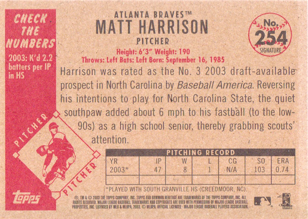 2003 Bowman Heritage Facsimile Signature #254 Matt Harrison KN back image