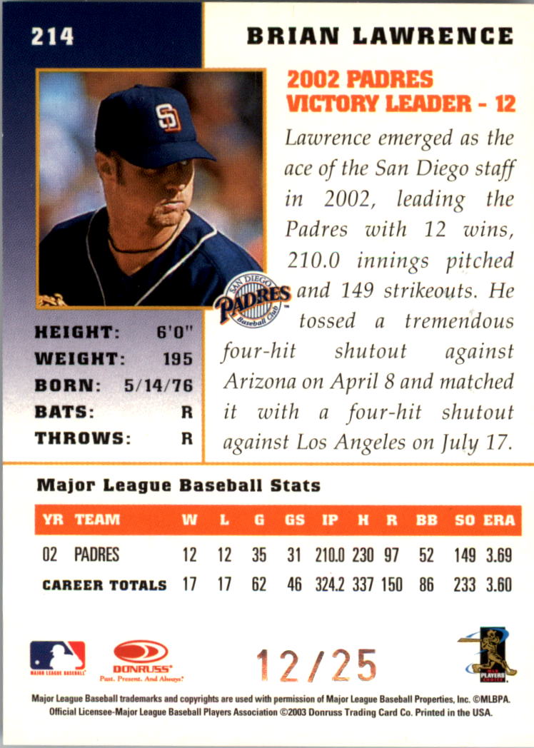 2003 Donruss Champions Holo-Foil #214 Brian Lawrence back image