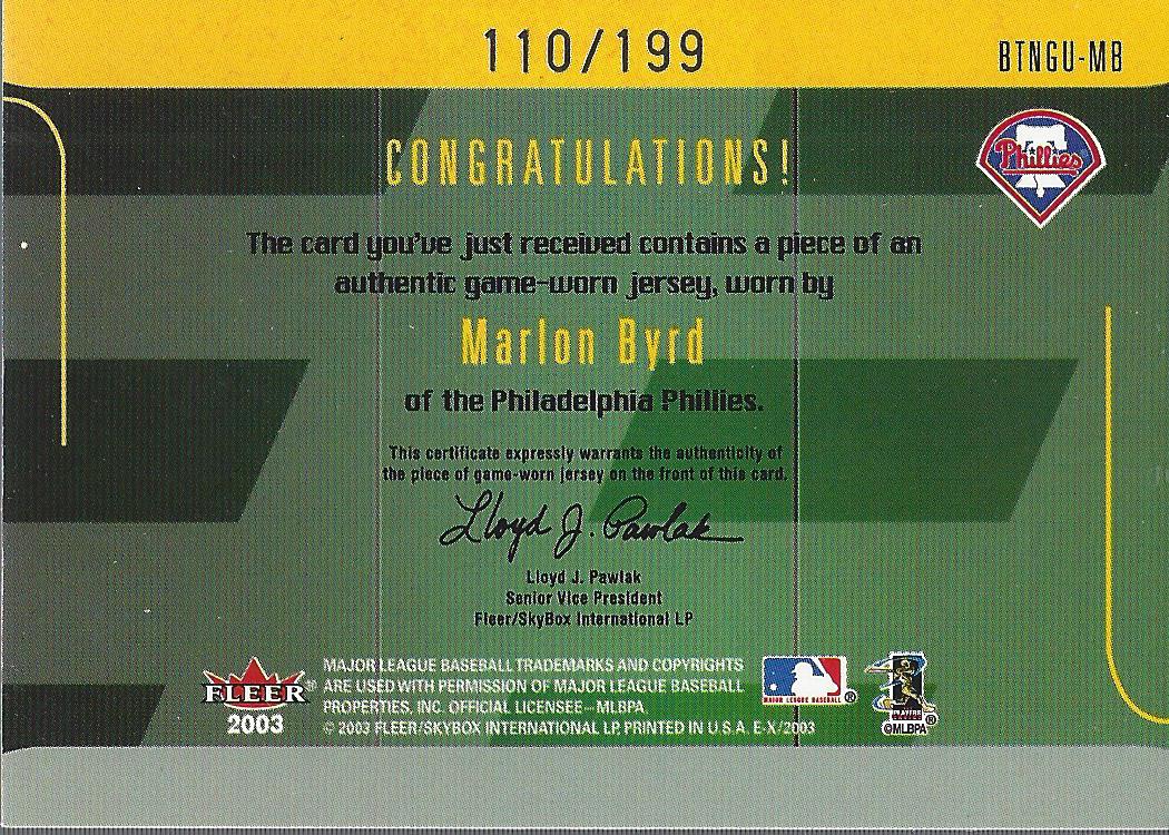 2003 E-X Behind the Numbers Game Jersey 199 #MB Marlon Byrd back image