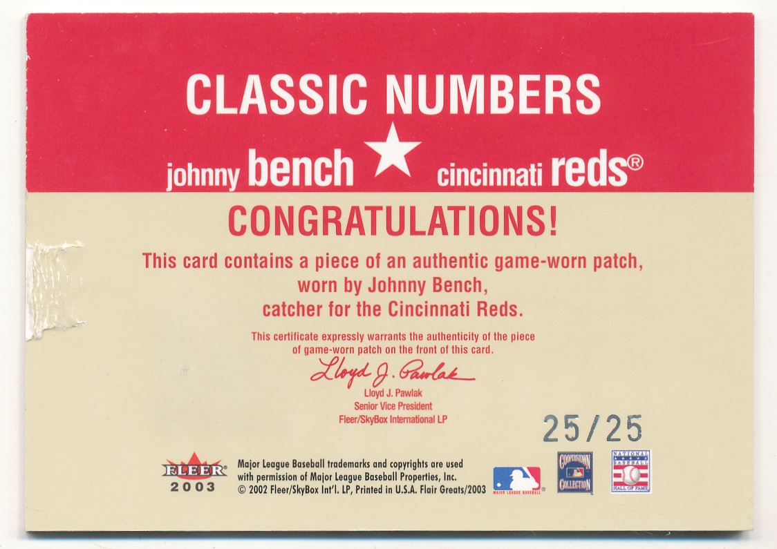 2003 Flair Greats Classic Numbers Game Used Patch #1 Johnny Bench back image