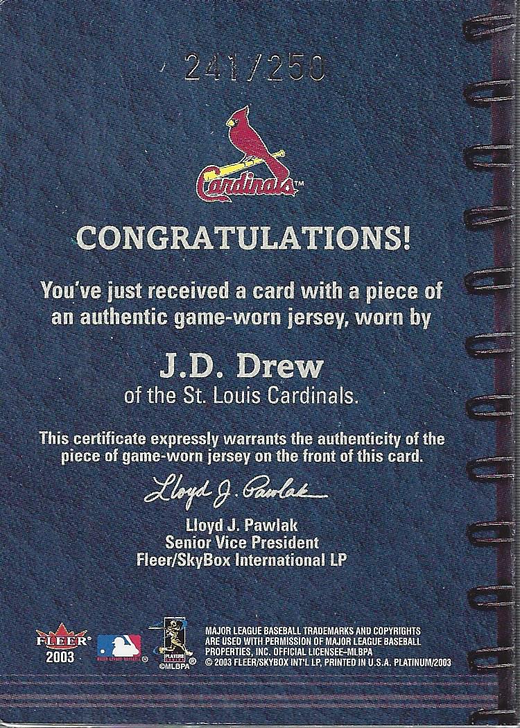 2003 Fleer Platinum MLB Scouting Report Game Used #JD J.D. Drew Jsy back image