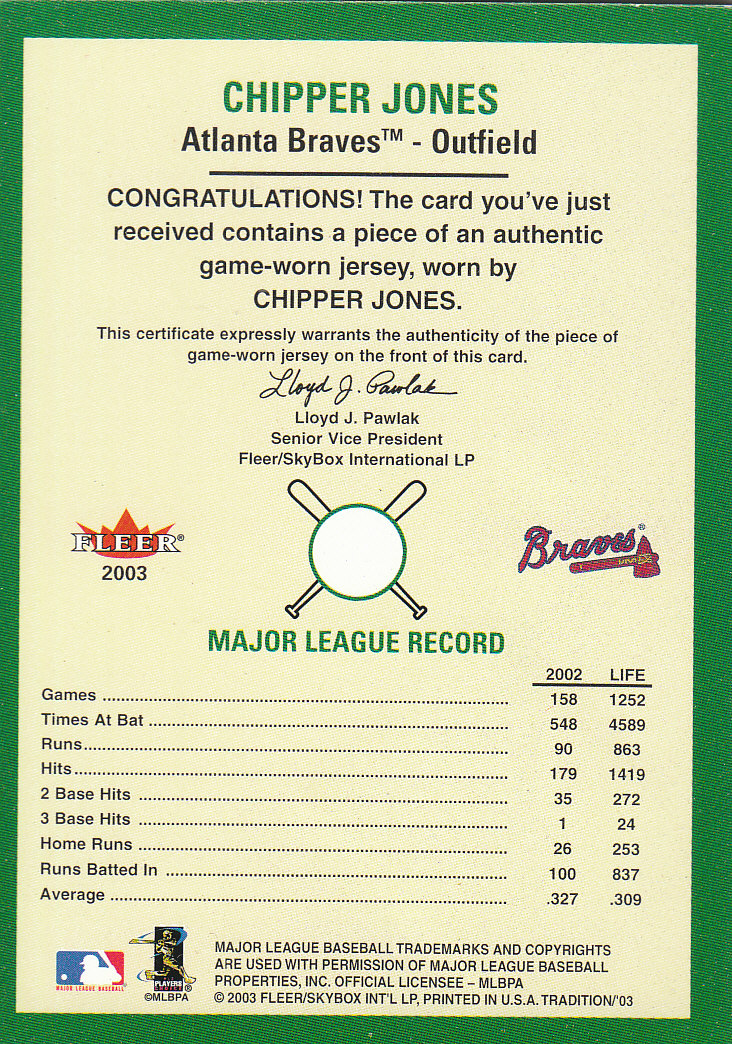 2003 Fleer Tradition Game Used #42 Chipper Jones Jsy back image