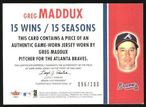 2003 Fleer Tradition Milestones Game Used Gold #GM Greg Maddux Jsy