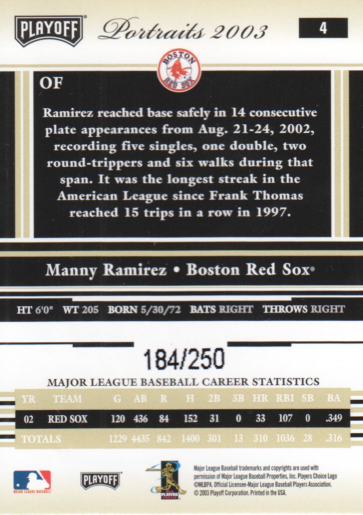 2003 Playoff Portraits Beige #4 Manny Ramirez back image