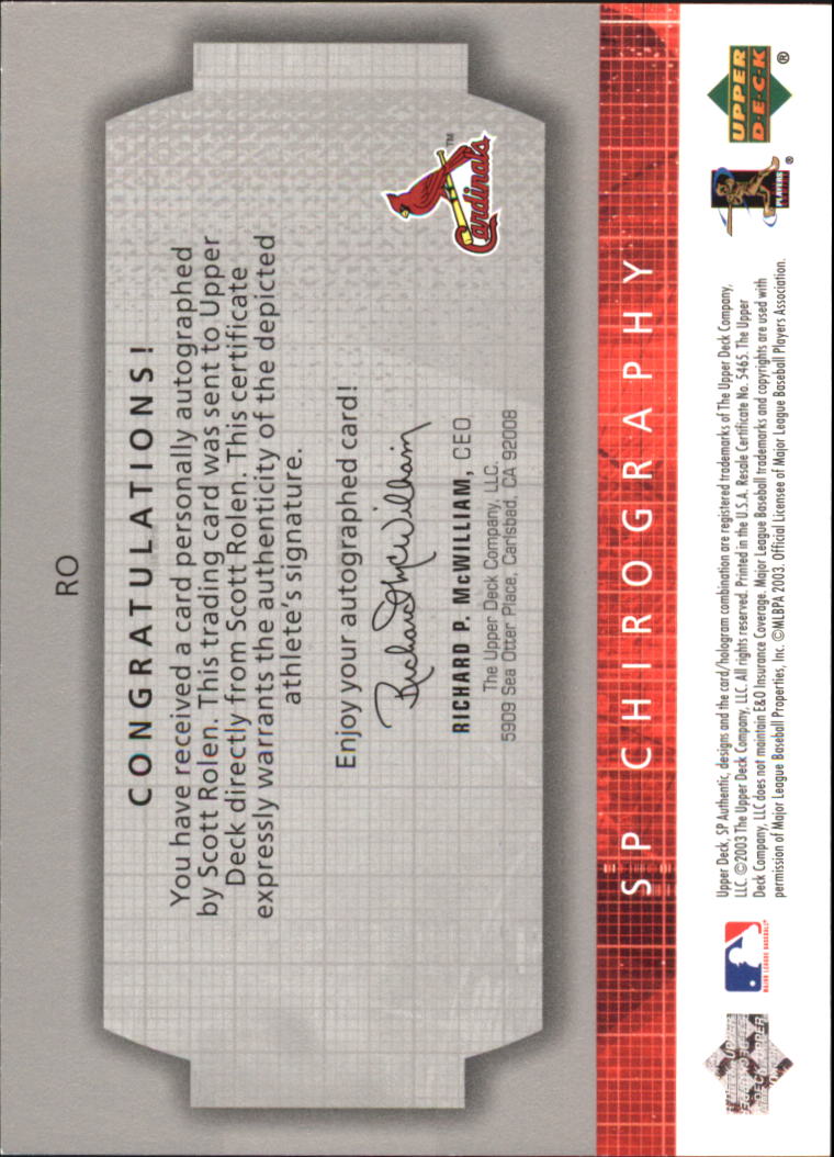 2003 SP Authentic Chirography Silver #RO Scott Rolen/50 back image