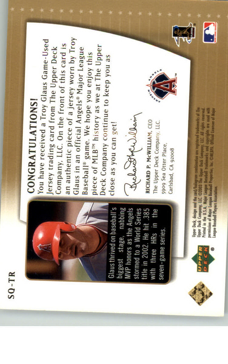 2003 UD Authentics Star Quality Memorabilia Gold #TG Tom Glavine Jsy/50 back image