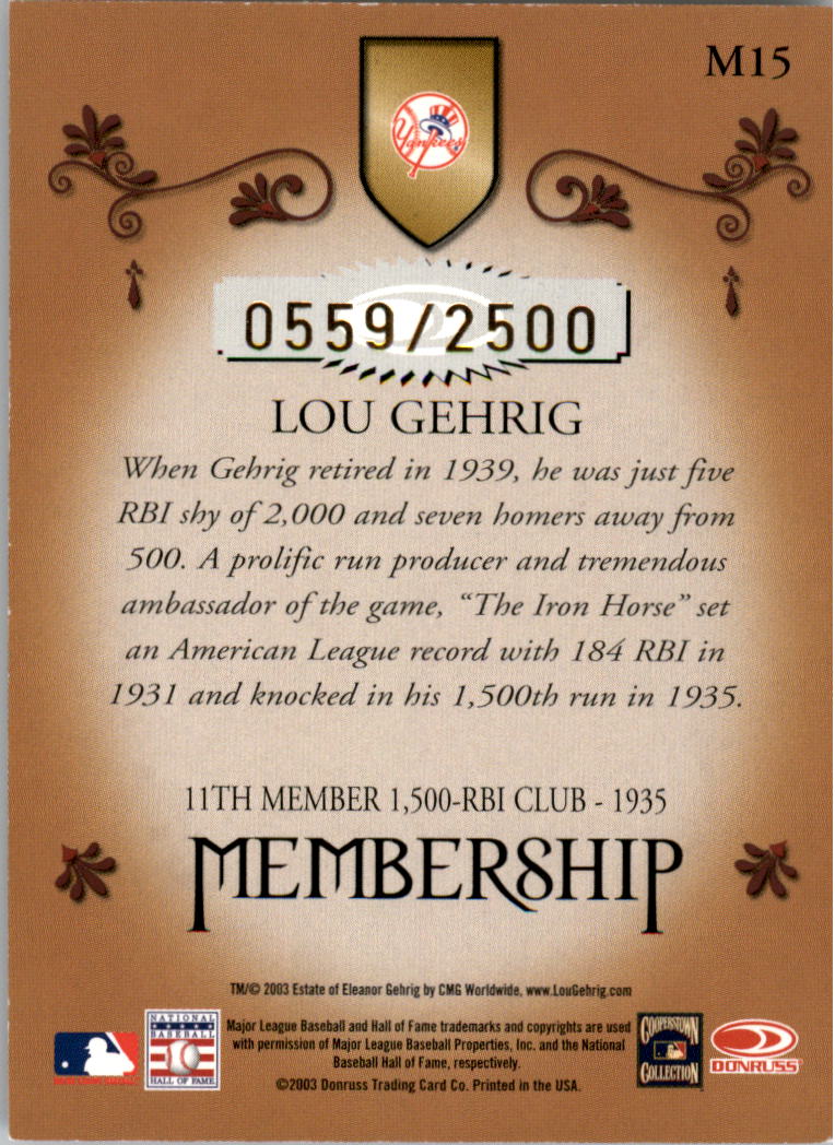 2003 Donruss Classics Membership #15 Lou Gehrig back image