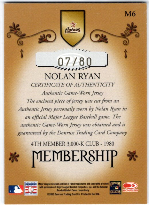 2003 Donruss Classics Membership VIP Memorabilia #6 Nolan Ryan Jsy/80 back image