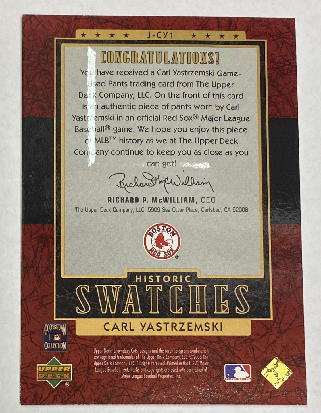 2003 SP Legendary Cuts Historic Swatches #CY1 Carl Yastrzemski Pants/350 back image