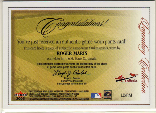 2003 Fleer Fall Classics Legendary Collection Memorabilia #RM Roger Maris Pants SP back image