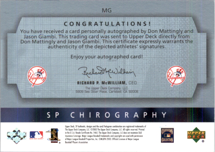 2003 SP Authentic Chirography Doubles #MG Don Mattingly/Jason Giambi/25 back image