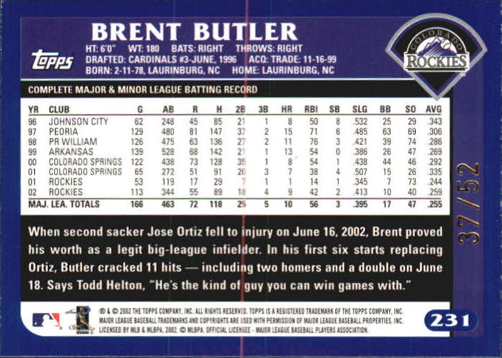 2003 Topps Black #231 Brent Butler back image