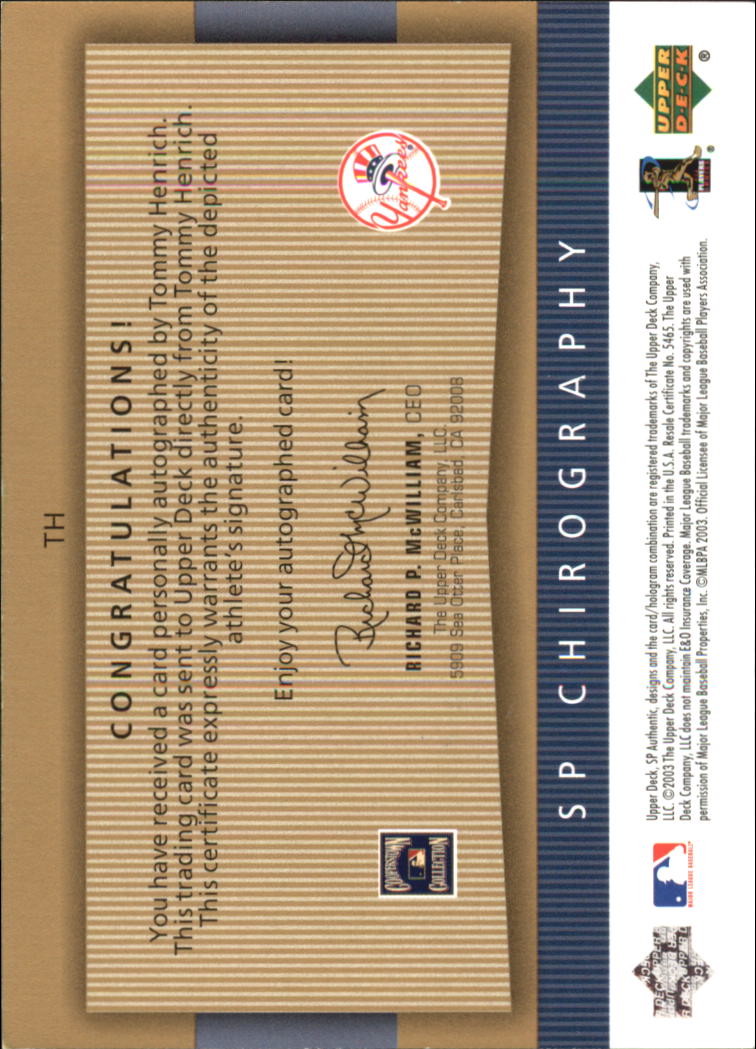 2003 SP Authentic Chirography Yankees Stars Gold #TH Tommy Henrich back image