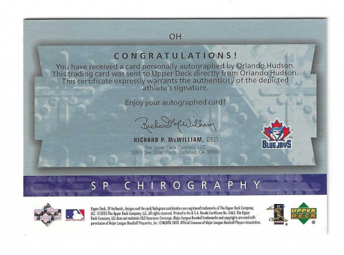 2003 SP Authentic Chirography Young Stars #OH Orlando Hudson/245 back image