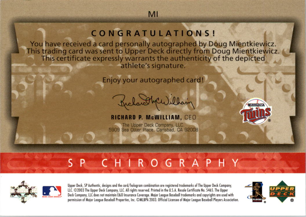 2003 SP Authentic Chirography Young Stars Gold #MI Doug Mientkiewicz back image