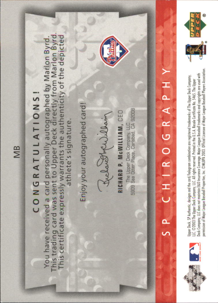 2003 SP Authentic Chirography Young Stars Silver #MB Marlon Byrd back image