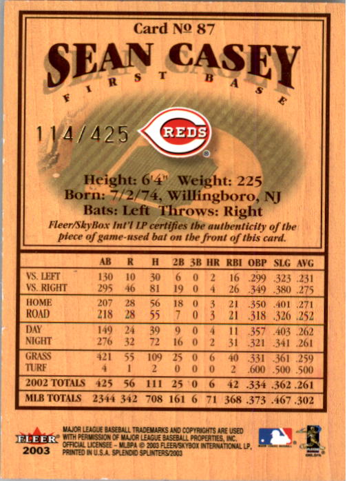 2003 Fleer Splendid Splinters Bat Chips #87 Sean Casey back image