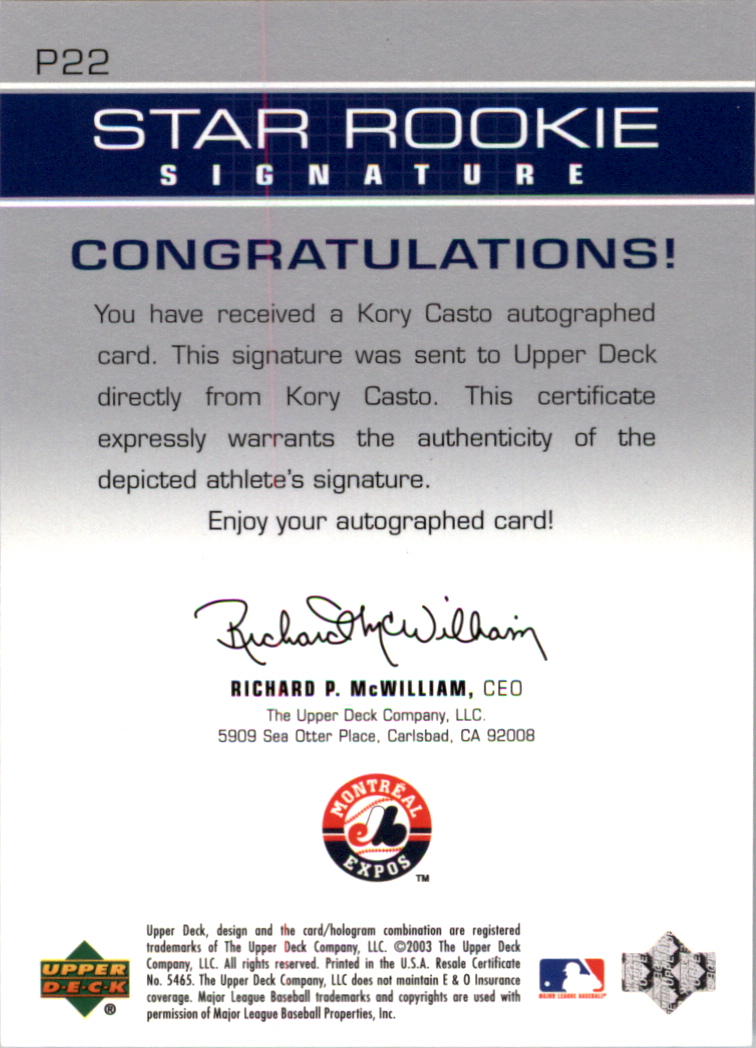 2003 Upper Deck Prospect Premieres Autographs #P22 Kory Casto back image