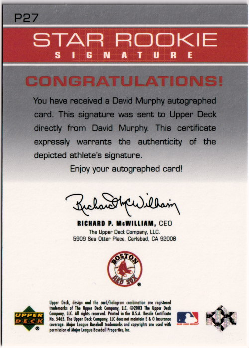 2003 Upper Deck Prospect Premieres Autographs #P27 David Murphy back image
