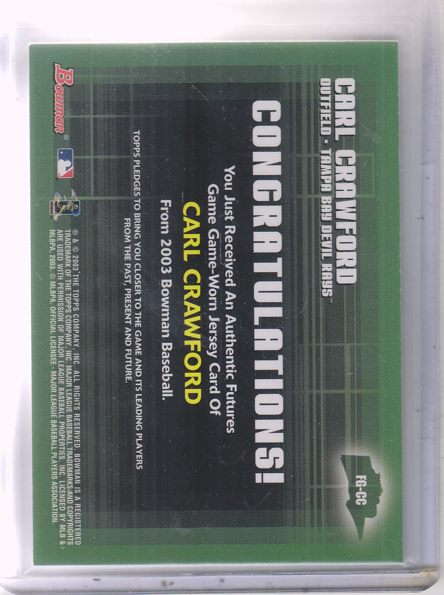 2003 Bowman Futures Game Gear Jersey Relics #CC Carl Crawford back image