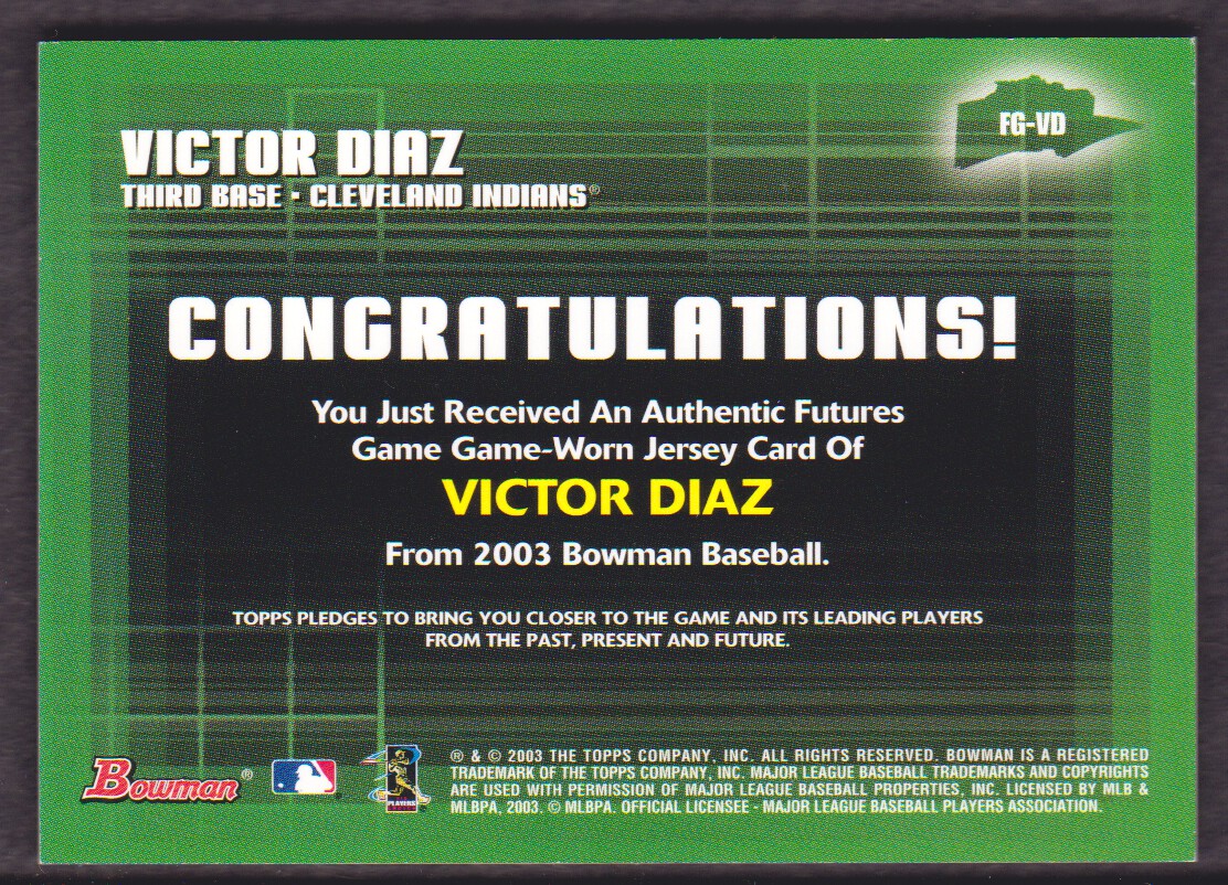 2003 Bowman Futures Game Gear Jersey Relics #VD Victor Diaz back image