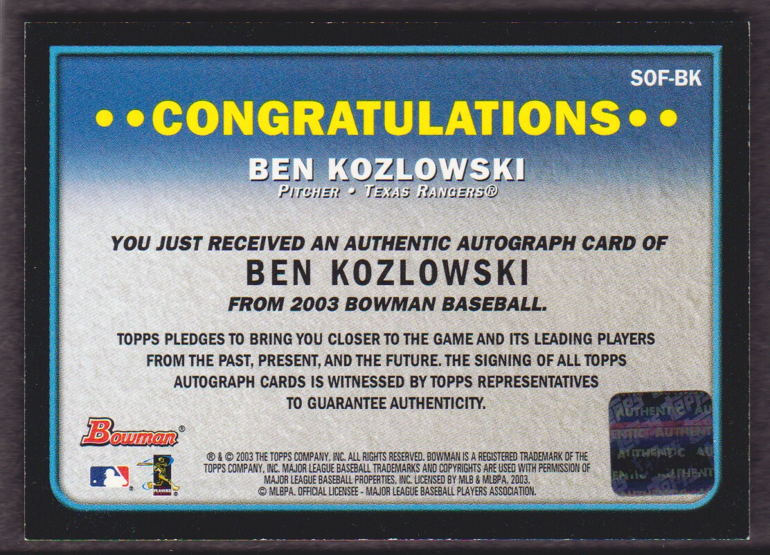 2003 Bowman Signs of the Future #BK Ben Kozlowski A back image