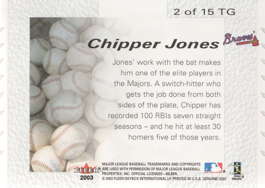 2003 Fleer Genuine Tools of the Game #2 Chipper Jones back image