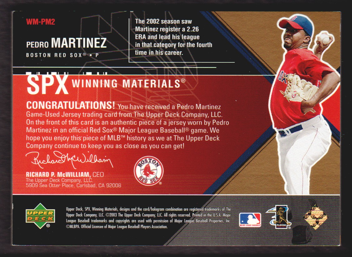 2003 SPx Winning Materials 50 #PM2A Pedro Martinez Logo back image