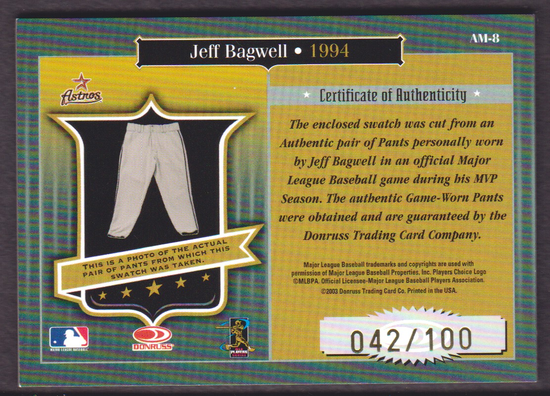 2003 Timeless Treasures Award #8 Jeff Bagwell Pants/100 back image