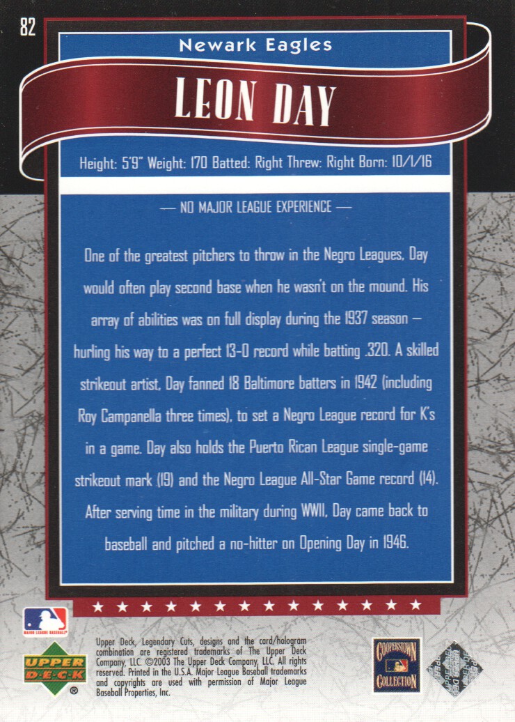 2003 SP Legendary Cuts #82 Leon Day back image