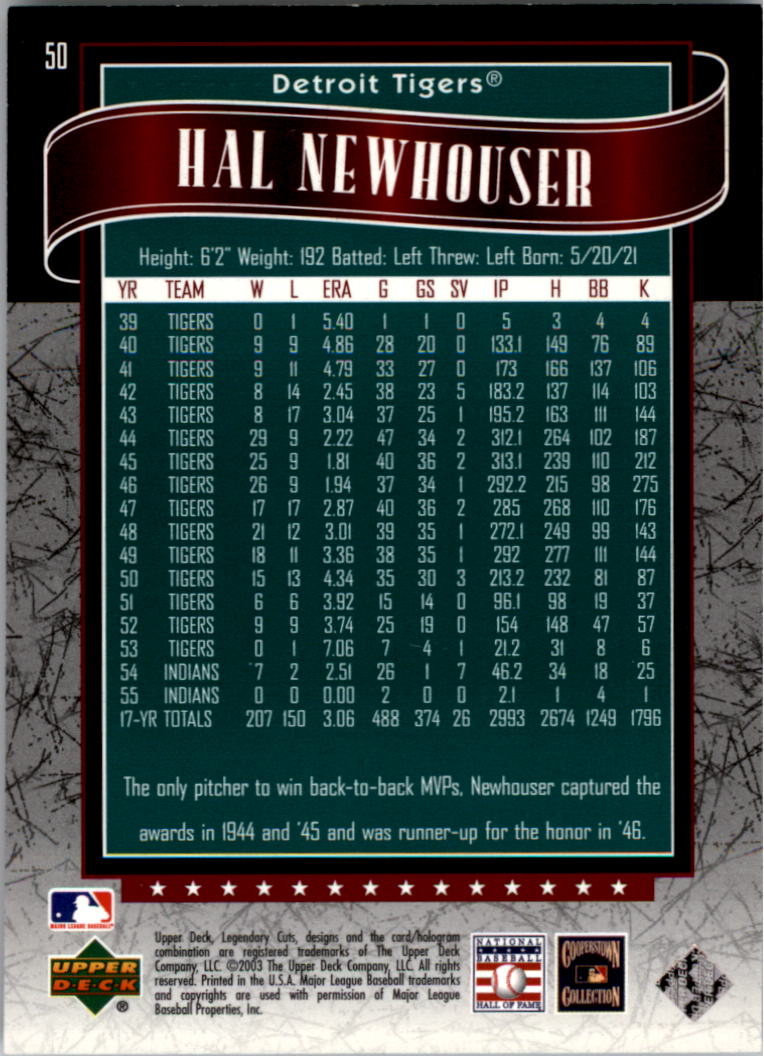 2003 SP Legendary Cuts Green #50 Hal Newhouser back image