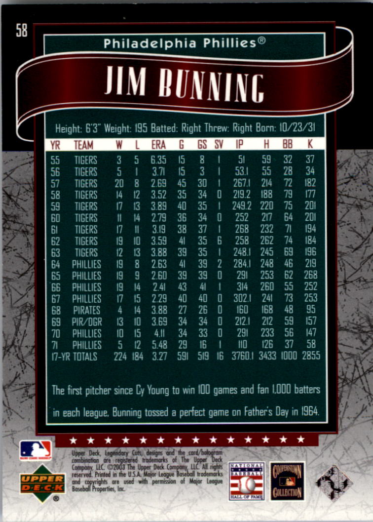 2003 SP Legendary Cuts Green #58 Jim Bunning back image