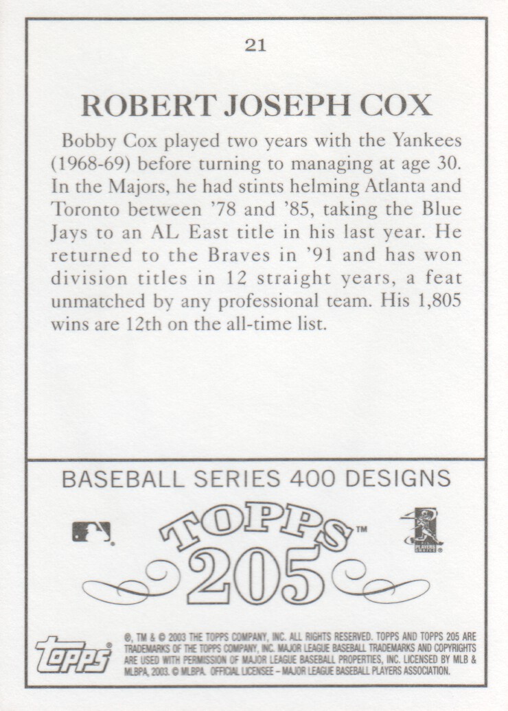 2003 Topps 205 #21 Bobby Cox MG back image