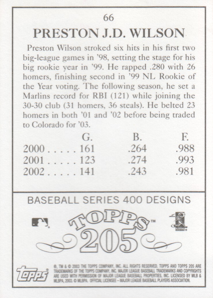 2003 Topps 205 #66 Preston Wilson back image