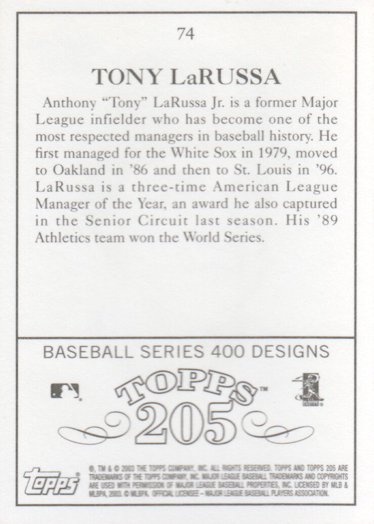 2003 Topps 205 #74 Tony LaRussa MG back image
