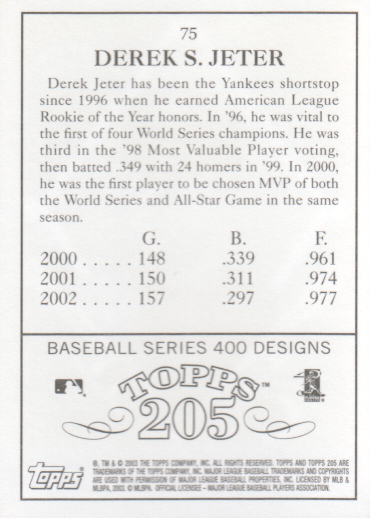 2003 Topps 205 #75A Derek Jeter w/Gold Trim back image